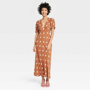 Women's Crepe Puff Short Sleeve Dress - A New Day Brown Polka Dots XL